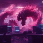 Cybersecurity risks illustrated as a digital dragon looming over an office of computers