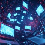 Lazarus APT campaign illustrated by laptops spiralling into a glowing digital tunnel