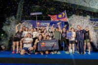 Team Malaysia celebrates winning the Red Bull Power Race Nations’ Trophy as confetti falls in Bangkok